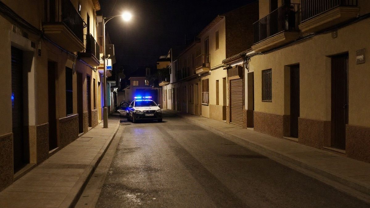 Imagen ilustrativa: calle residencial oscura de noche con una farola y sombras largas, un coche policial al fondo.