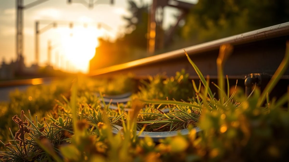 Imagen ilustrativa: vía de tren abandonada con maleza y óxido bajo la luz del atardecer