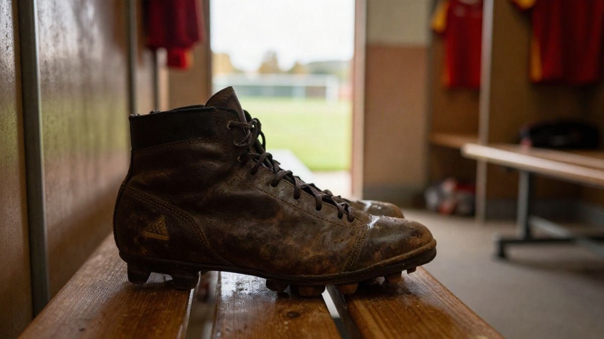 Imagen ilustrativa: detalle de una bota de fútbol sobre un banco de madera en un vestuario