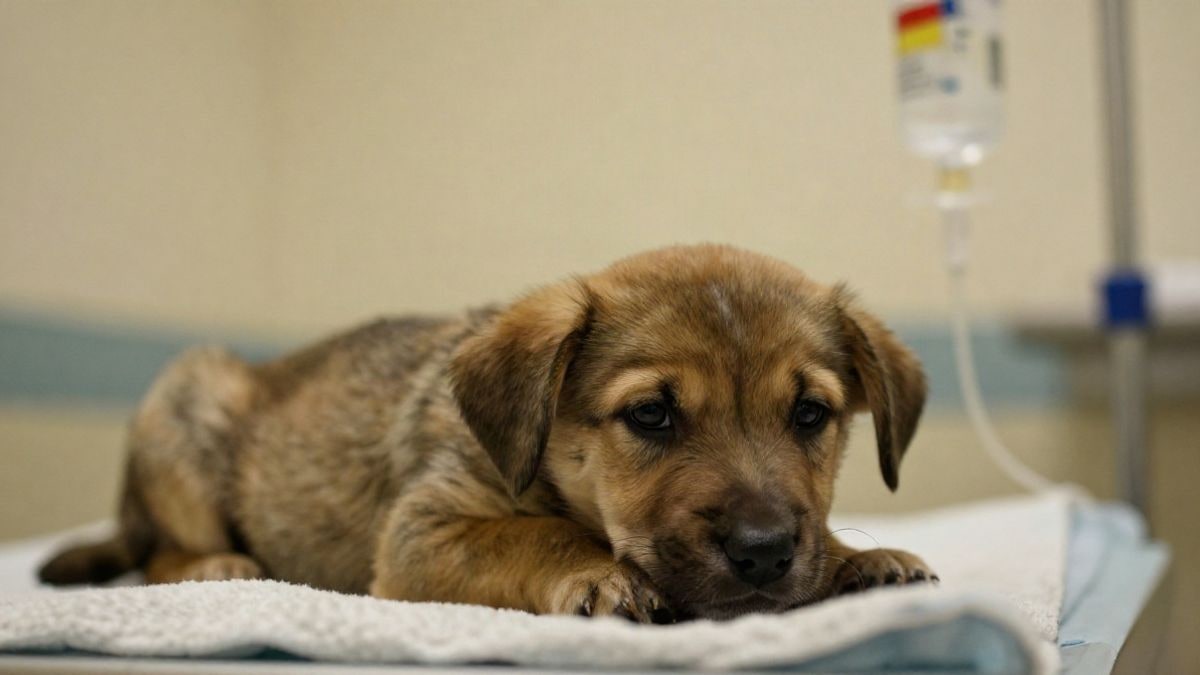 Imagen ilustrativa: primer plano de un cachorro acostado en una manta en una clínica veterinaria, con un gotero al fondo