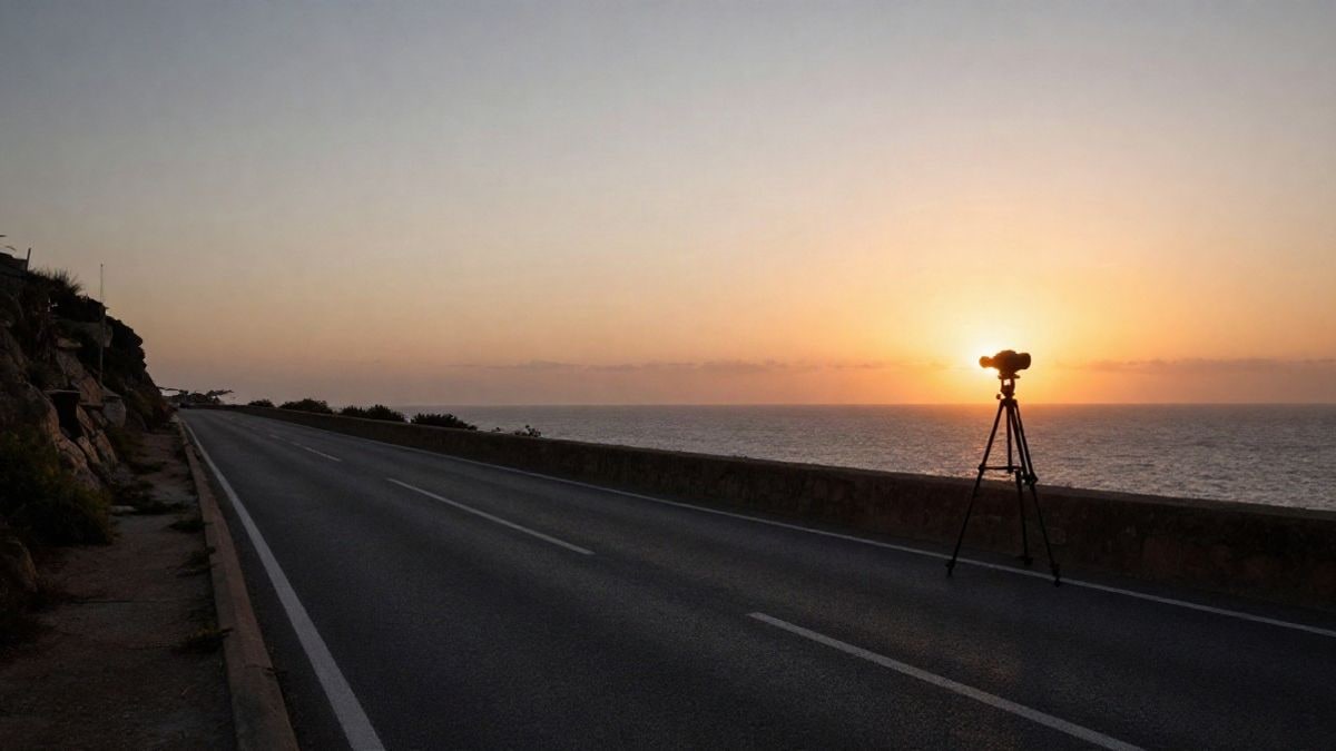 Imagen ilustrativa: carretera costera al atardecer con una cámara sobre trípode y el mar al fondo