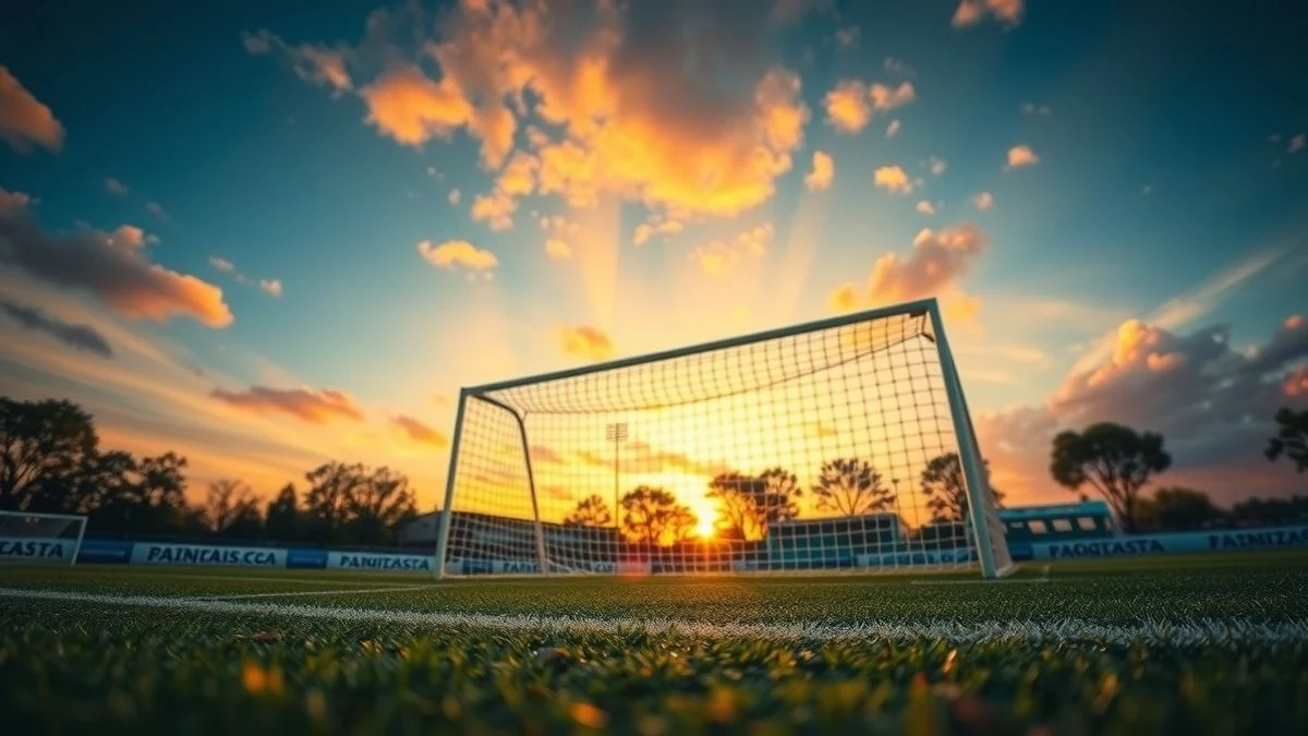 Campo de fútbol de césped artificial con portería al atardecer, ángulo bajo