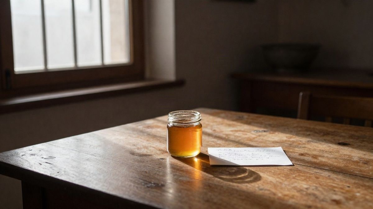 Imagen ilustrativa: un tarro de miel sobre una mesa de madera junto a una nota manuscrita en una estancia con luz lateral