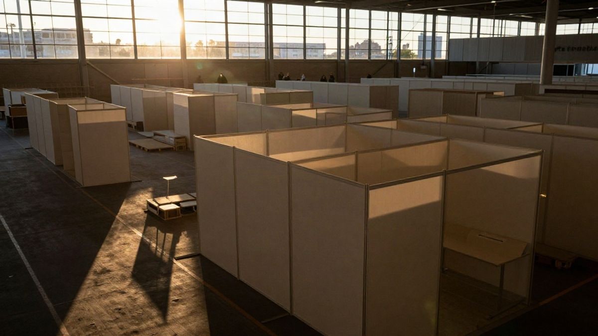 Imagen ilustrativa: pabellón ferial vacío con estructuras de expositores y luz de atardecer