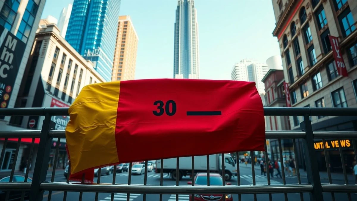 Bandera de España con el nombre de Lepe en una calle de Nueva York