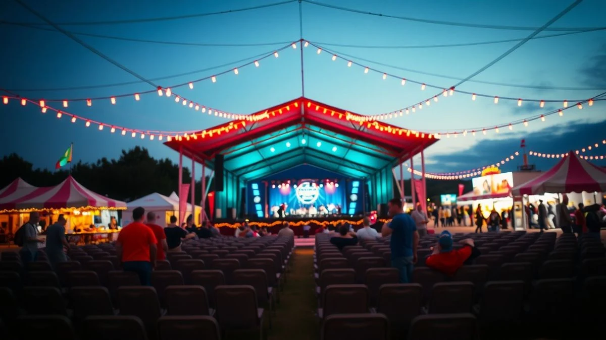 Imagen ilustrativa: una carpa de feria iluminada al atardecer con un escenario y sillas vacías, decorada con guirnaldas, en un ambiente festivo nocturno.