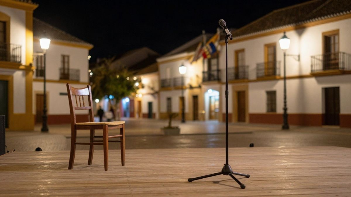 Imagen ilustrativa: escenario vacío de noche en una plaza iluminada por farolas y focos cálidos