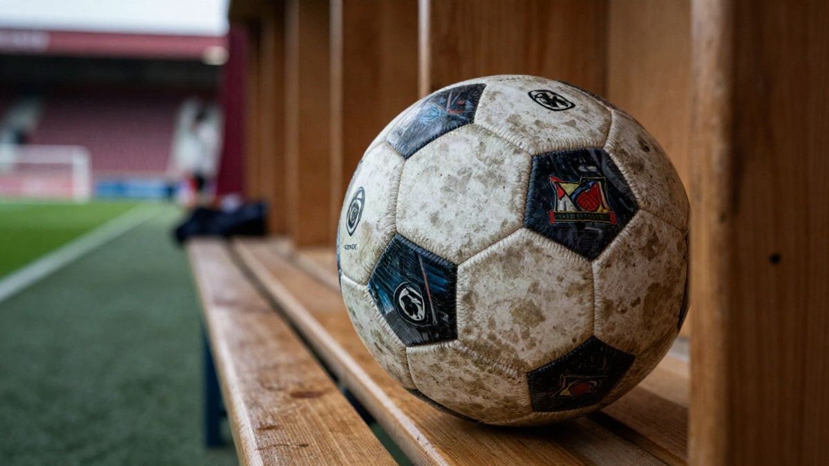 Imagen ilustrativa: un balón de fútbol sobre un banco de vestuario en penumbra