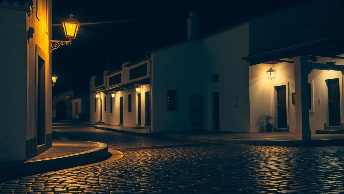 Calle empedrada de un pueblo andaluz iluminada por farolas, con una torre de iglesia al fondo