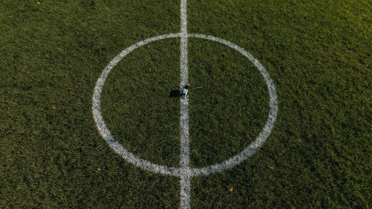 Imagen ilustrativa: vista cenital de un campo de fútbol con un silbato sobre el césped