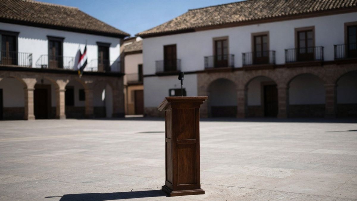 Imagen ilustrativa: una plaza pública con un atril y un micrófono, vacía, bajo la luz de la mañana.