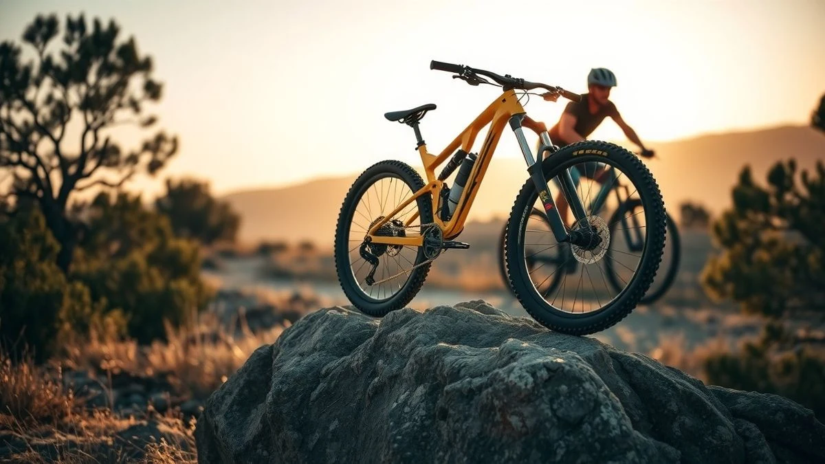 Imagen ilustrativa: bicicleta de trial sobre una roca en un paisaje natural al atardecer