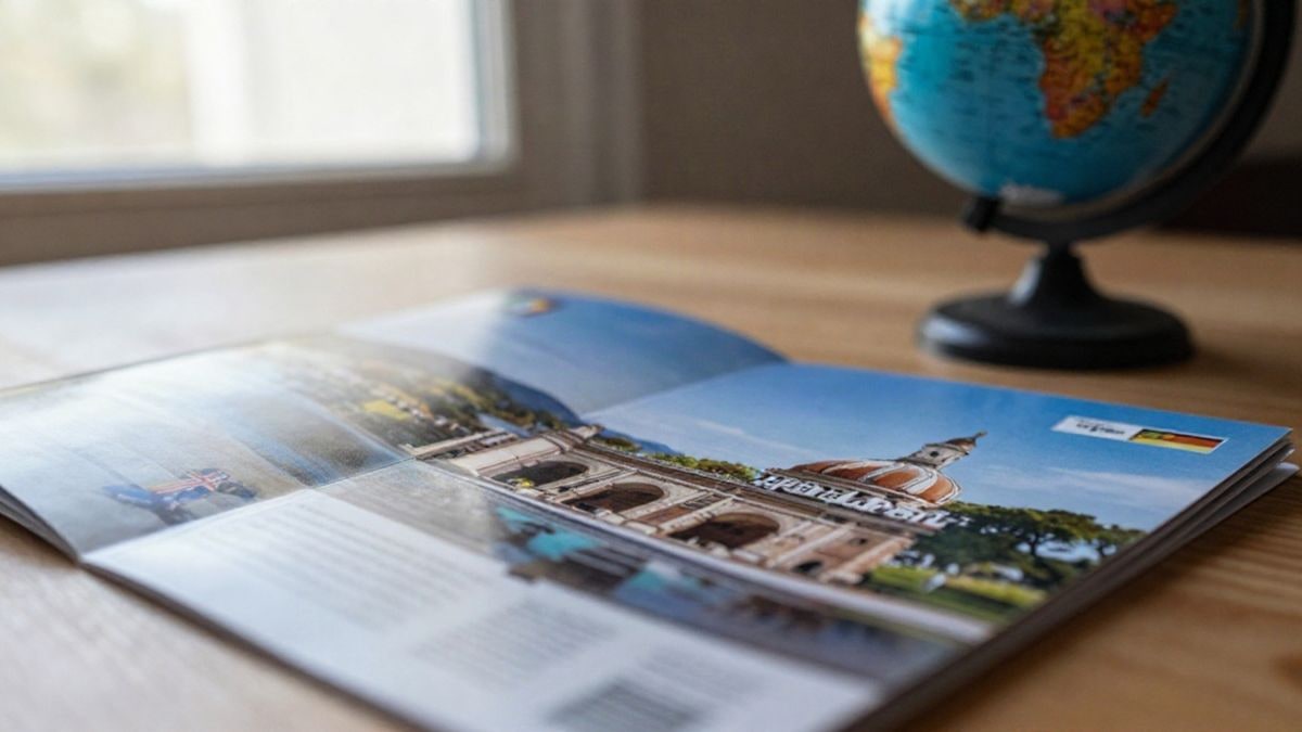Imagen ilustrativa: folleto de viajes y un pequeño globo terráqueo sobre una mesa de madera