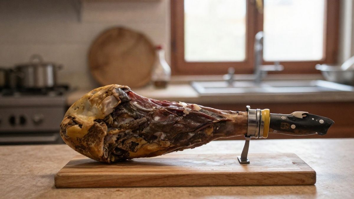 Imagen ilustrativa: cuchillo de cortar jamón junto a una pata de jamón curado sobre una tabla de madera