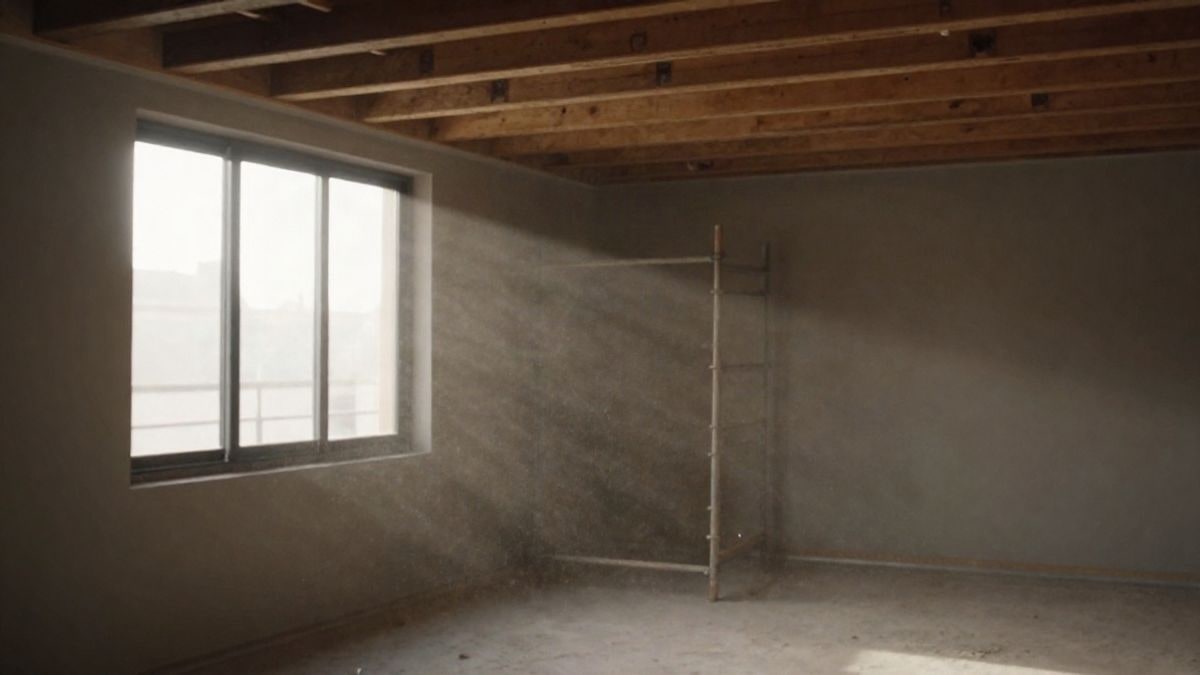 Imagen ilustrativa: interior de un edificio en obras con vigas de madera y luz lateral entrando por la ventana