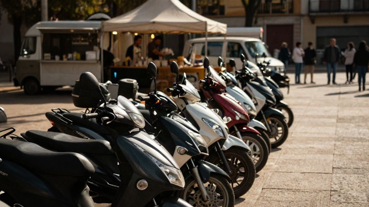 Imagen ilustrativa: varias motos aparcadas en una plaza soleada con una carpa y foodtrucks al fondo