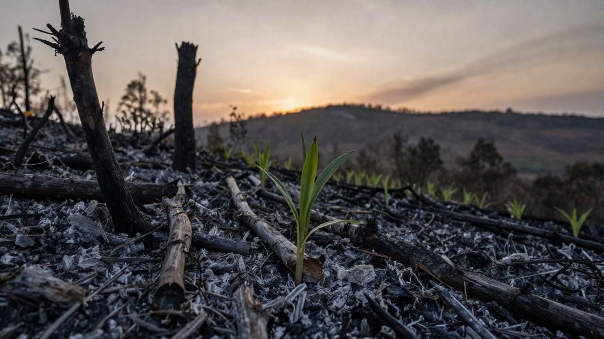 Imagen ilustrativa: ladera forestal quemada con brotes verdes y troncos calcinados al atardecer