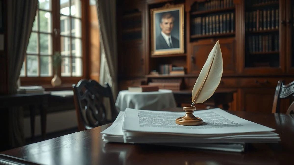 Imagen ilustrativa: un despacho de abogados con documentos legales, una pluma y un tintero, iluminado por luz de ventana lateral.