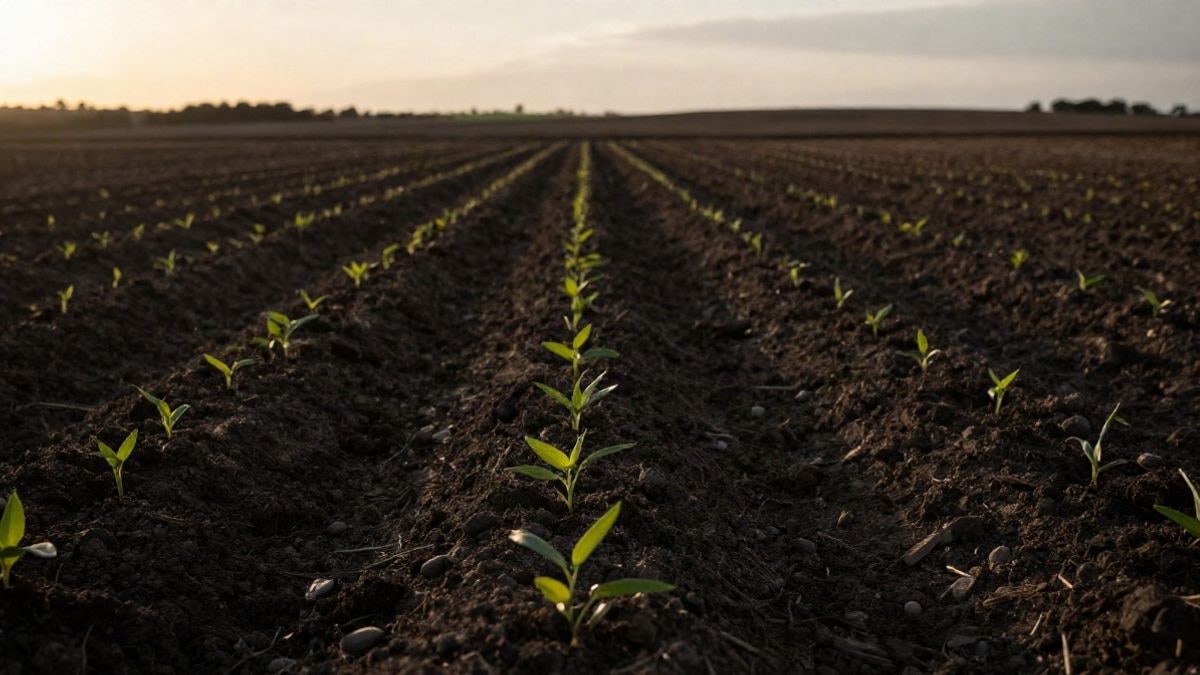 Imagen ilustrativa: plantones jóvenes en hileras sobre tierra de cultivo al atardecer, con el campo desenfocado al fondo