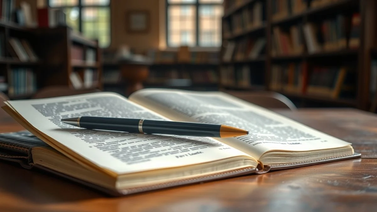 Libro de poesía abierto sobre una mesa de madera con un bolígrafo, fondo de biblioteca desenfocado