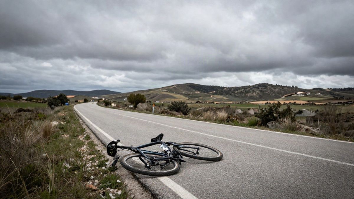 Imagen ilustrativa: bicicleta en el asfalto de una carretera rural con cielo nublado, sin personas.