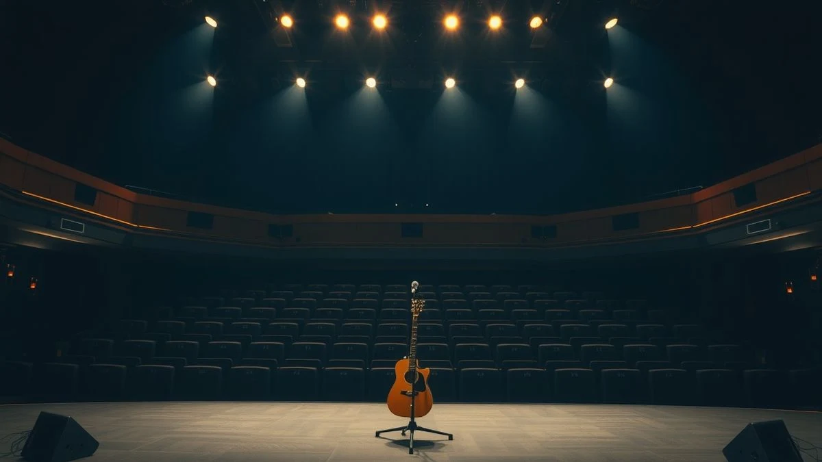 Escenario vacío del Auditorio Casa Colón con luces de colores y una guitarra en primer plano