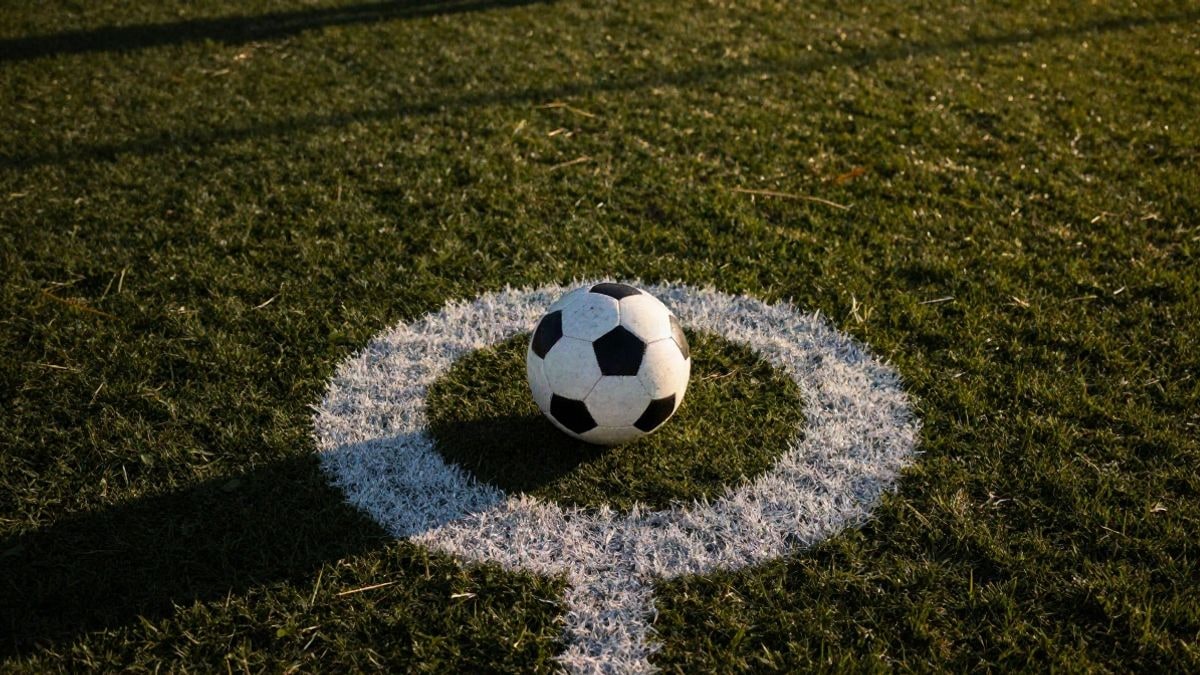 Imagen ilustrativa: un balón sobre el punto de penalti de un campo de hierba al atardecer, visto desde arriba.