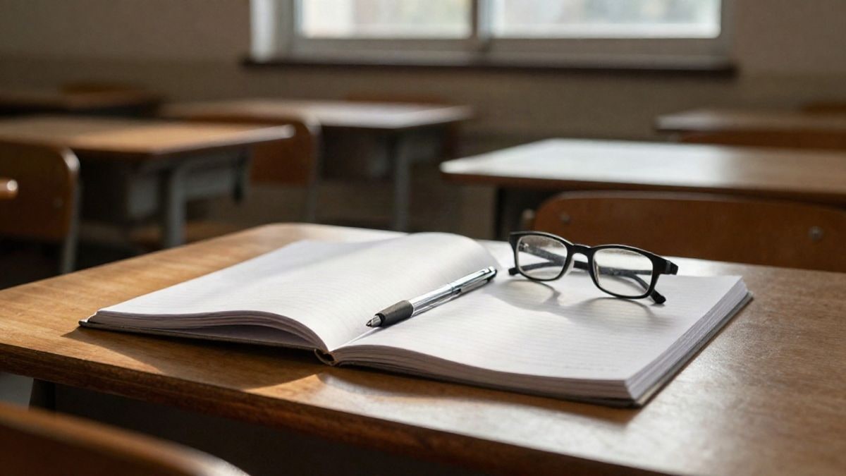 Imagen ilustrativa: detalle de un escritorio de madera con cuaderno, bolígrafo y gafas de lectura en un aula universitaria