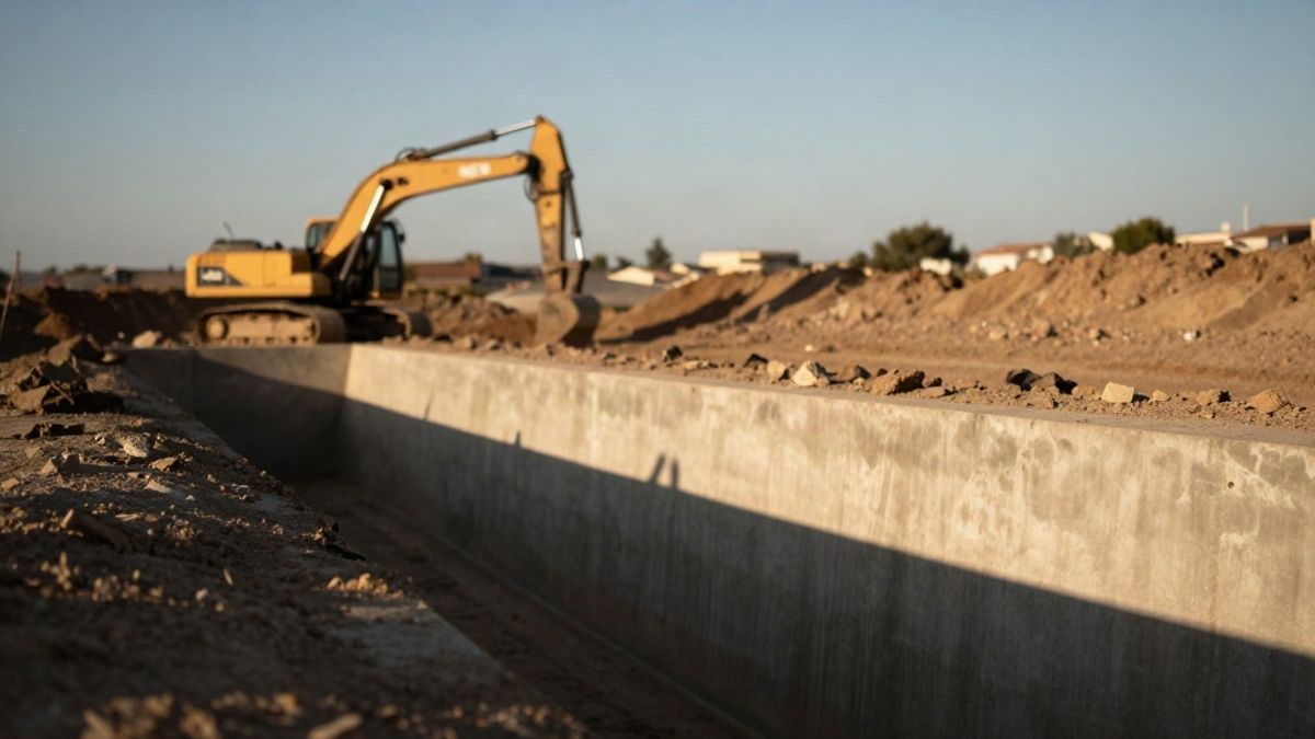 Imagen ilustrativa: obra de infraestructura hidráulica con una excavadora estacionada al atardecer