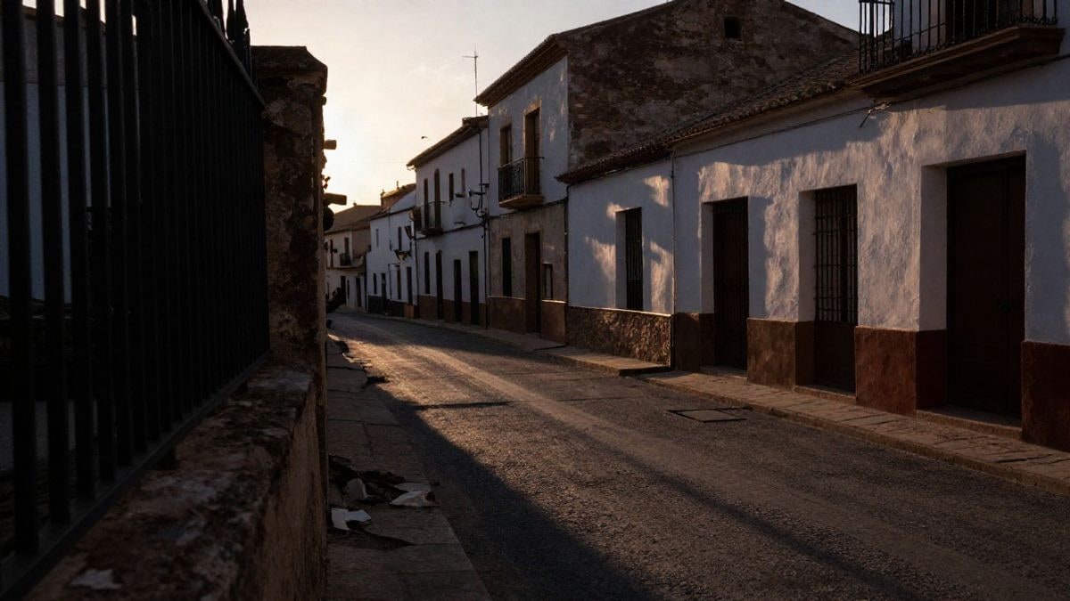 Imagen ilustrativa: siluetas de una calle de pueblo al atardecer con sombras largas y una valla dañada en primer plano