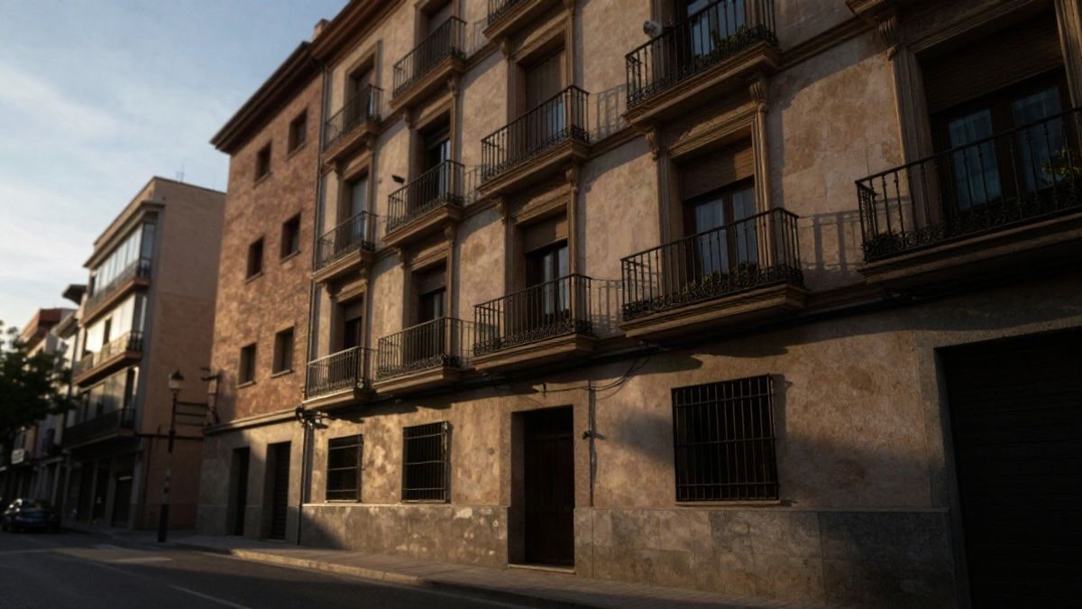 Imagen ilustrativa: fachada de un edificio residencial genérico al atardecer, con sombras largas y contraluz