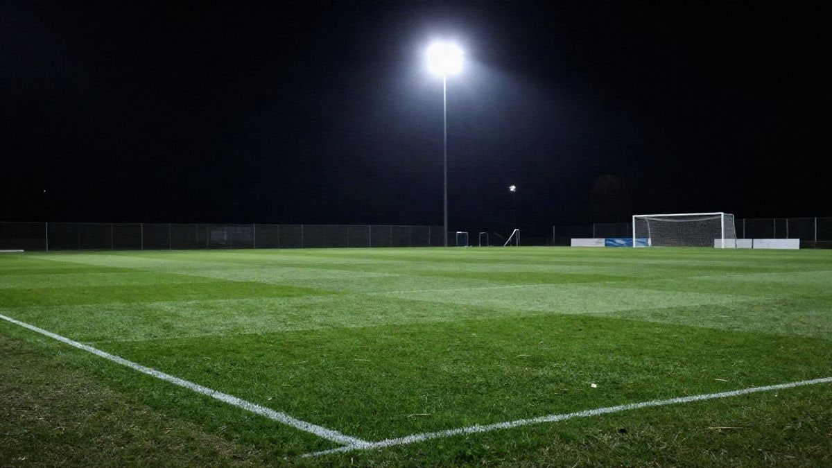 Imagen ilustrativa: estadio de fútbol de noche iluminado por focos, con el césped y la portería al fondo