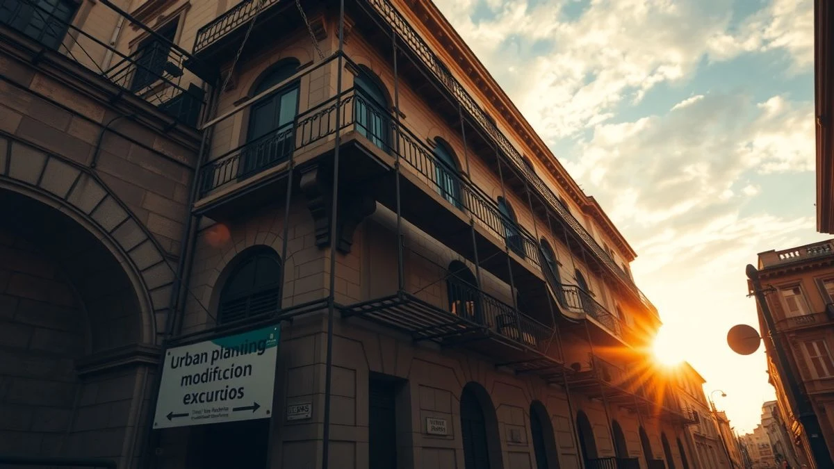 Imagen ilustrativa: fachada de un edificio histórico con andamios y un cartel de modificación urbanística al atardecer
