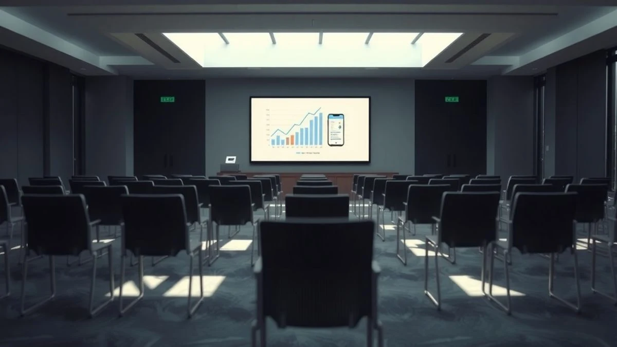 Imagen ilustrativa: una sala de conferencias vacía con una pantalla grande que muestra un gráfico y un icono de teléfono, con sillas alineadas y luz natural.