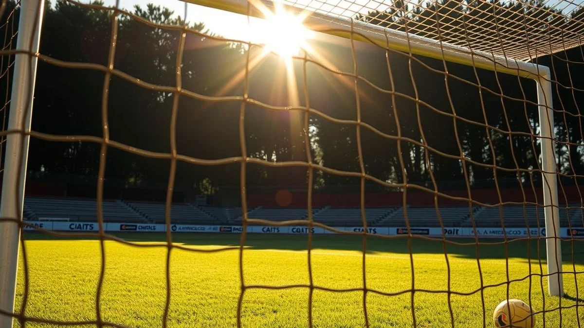 Portería de fútbol vacía con luz solar filtrándose a través de la red, campo de césped verde.