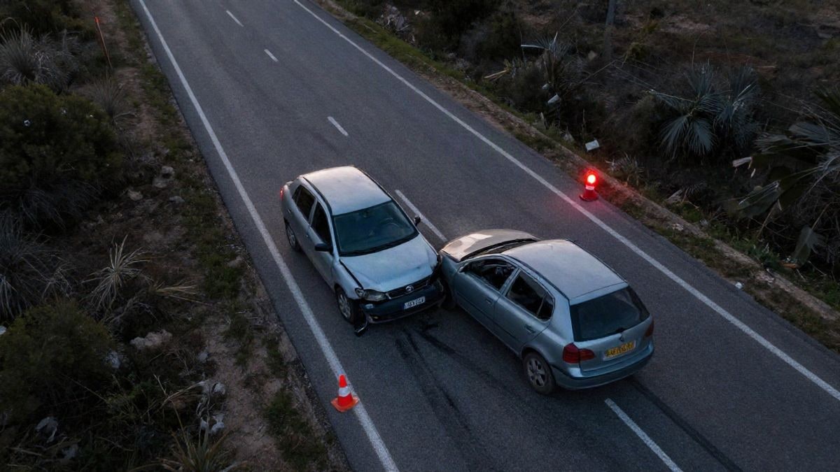 Imagen ilustrativa: vista cenital de una carretera rural con dos vehículos accidentados al amanecer