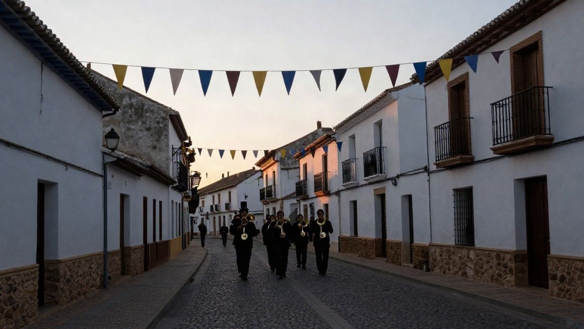 Imagen ilustrativa: calle de un pueblo andaluz engalanada con banderines al amanecer, con una banda de música de fondo en silueta.