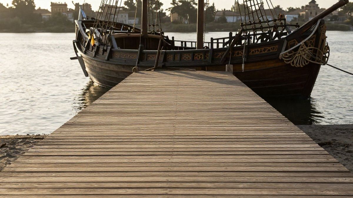 Imagen ilustrativa: pasarelas de madera que convergen hacia una réplica genérica de una carabela medieval atracada en un río al atardecer