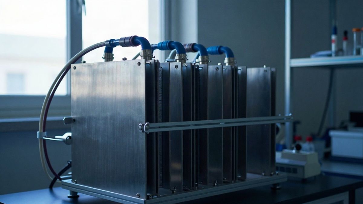 Imagen ilustrativa: equipo de laboratorio para producción de hidrógeno con electrolizador y tuberías metálicas