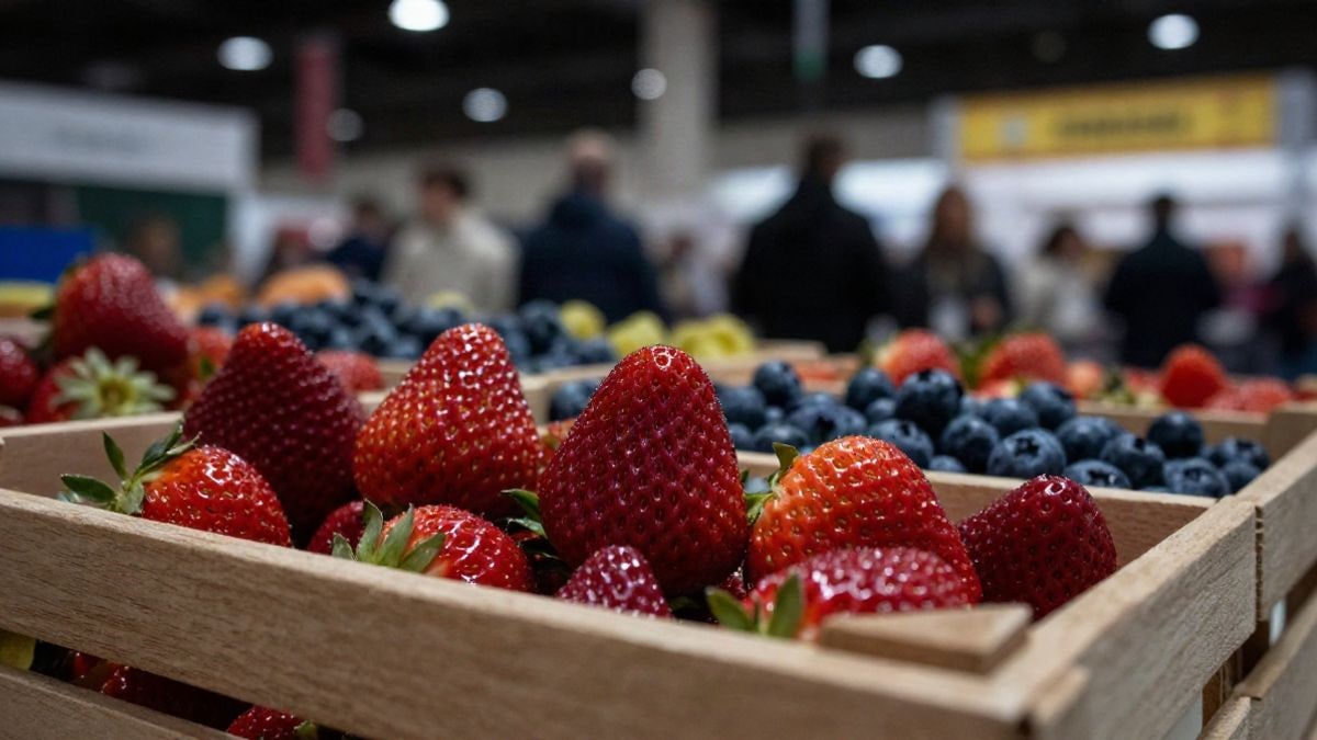 Imagen ilustrativa: primer plano de fresas y arándanos sobre una caja de madera en un puesto de feria