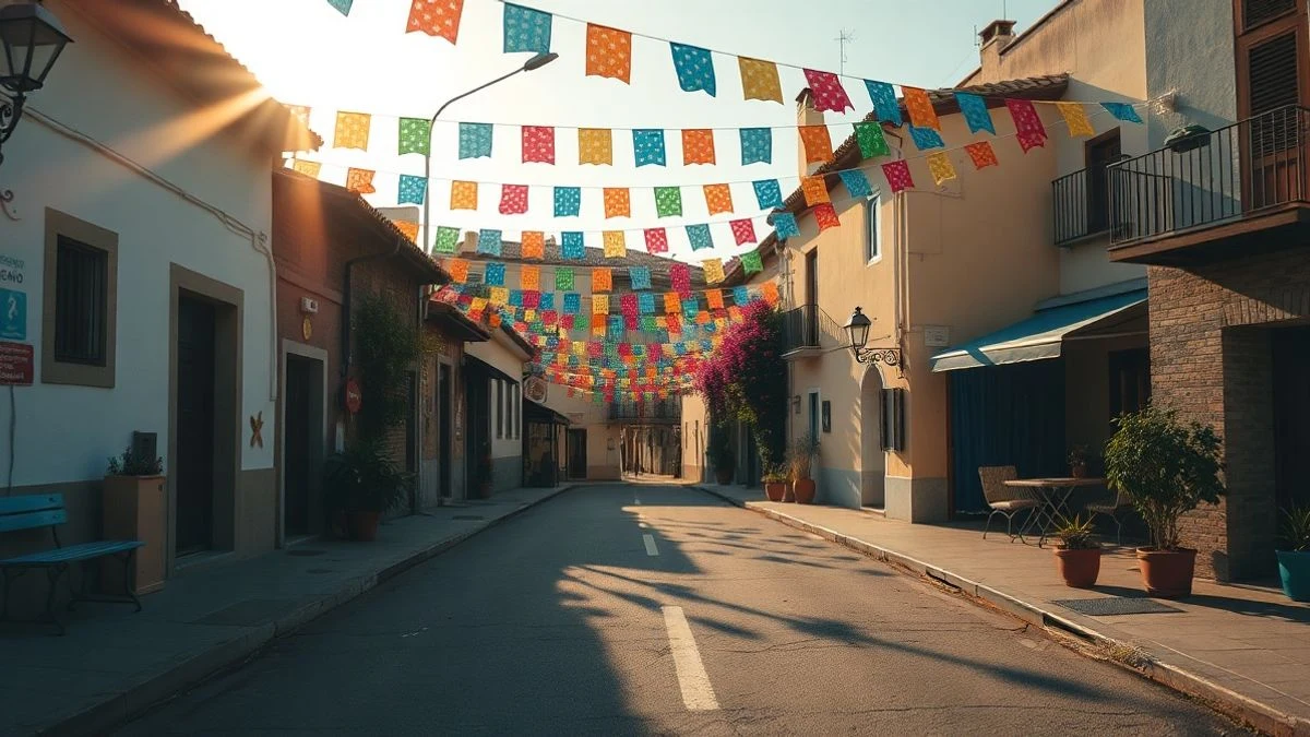 Imagen ilustrativa: una calle de un barrio costero español engalanada con guirnaldas y flores de papel, con la iglesia al fondo y un grupo de personas en la lejanía.