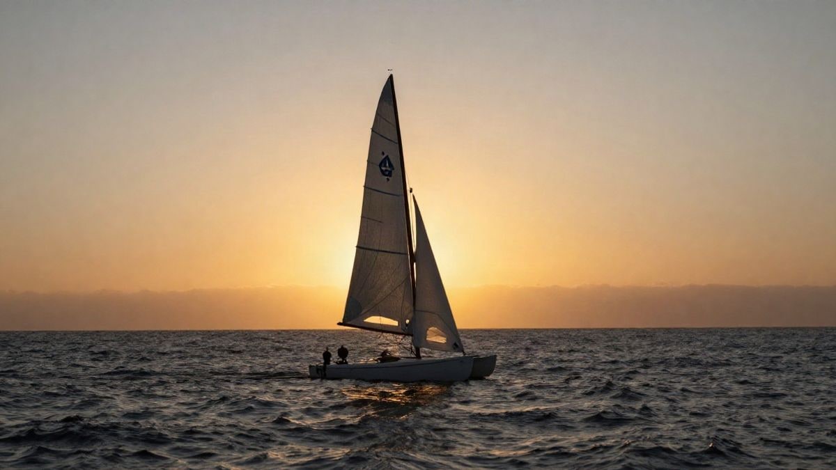 Imagen ilustrativa: vela de un pequeño barco de regata recortada al atardecer sobre el mar en calma