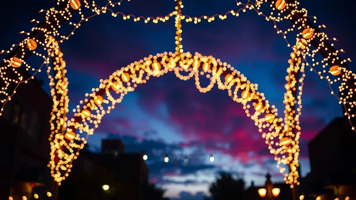 Imagen ilustrativa: arco monumental iluminado con luces de colores al atardecer, sin personas visibles.