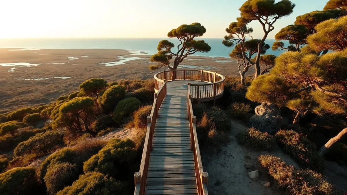 Vista cenital de una pasarela de madera que lleva a un mirador circular en el borde de un pinar, con marismas y el océano al fondo