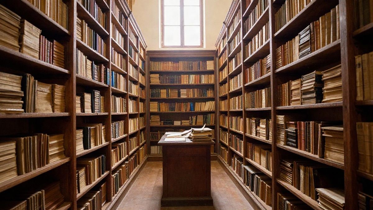 Imagen ilustrativa: sala de archivo histórico con estanterías de manuscritos antiguos y un escritorio de lectura