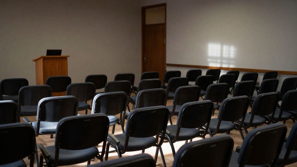 Imagen ilustrativa: interior de una sala de reuniones institucional con sillas vacías y un atril