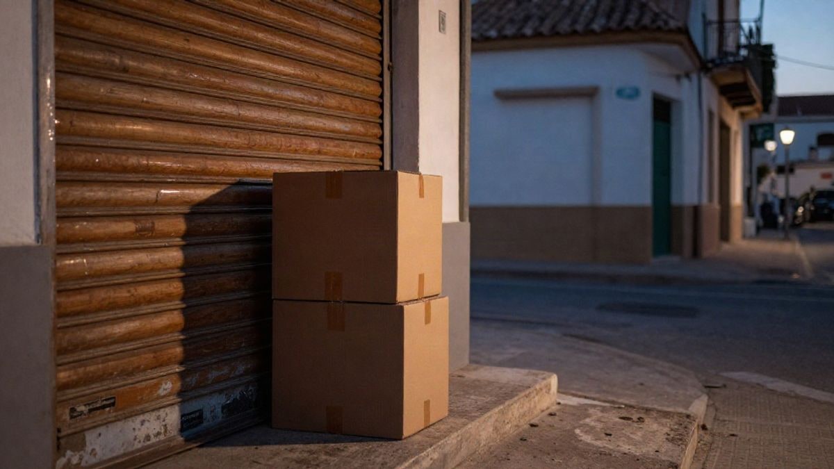 Imagen ilustrativa: persiana cerrada de un local comercial al atardecer, con cajas de cartón precintadas sobre un escalón