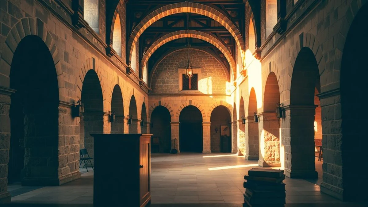 Claustro del monasterio de La Rábida con atril vacío y libros, luz de atardecer
