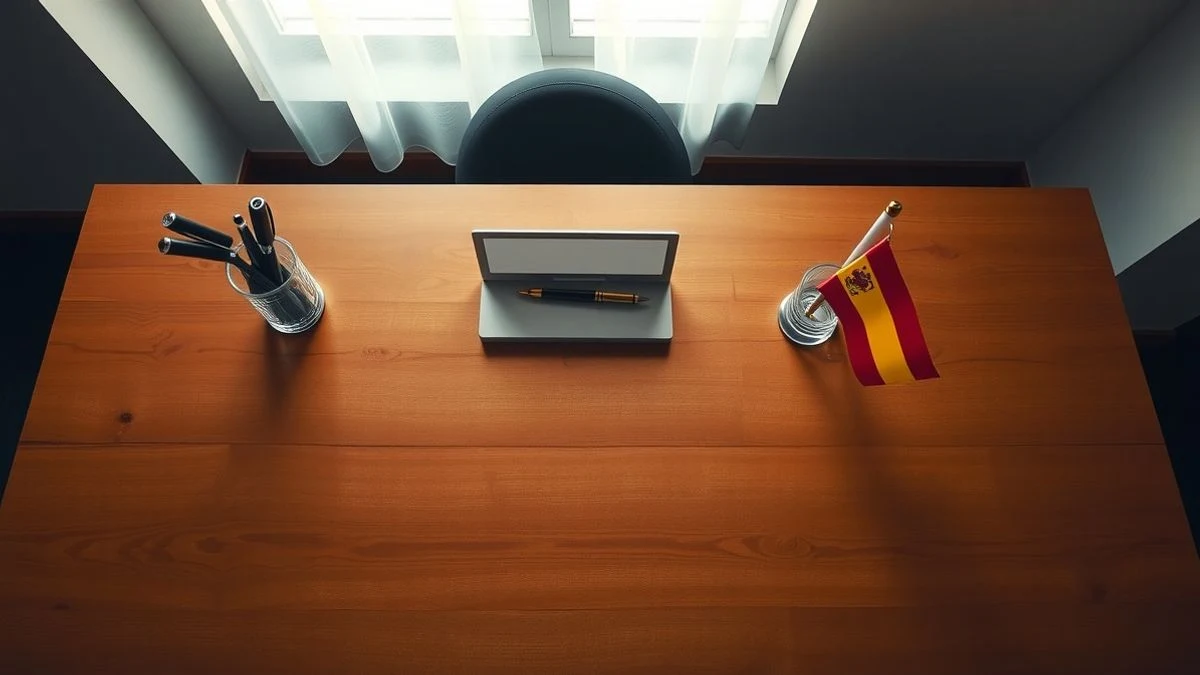 Imagen ilustrativa: vista cenital de un escritorio institucional vacío con un portaplumas y una bandera andaluza genérica
