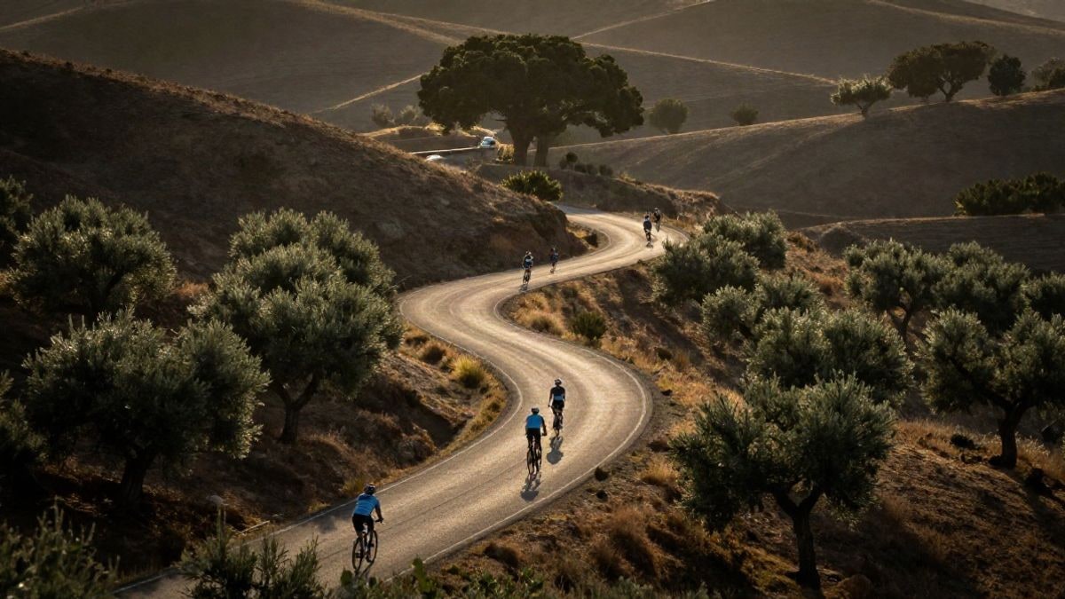 Imagen ilustrativa: carretera serpenteante entre colinas de Andalucía con un grupo lejano de ciclistas